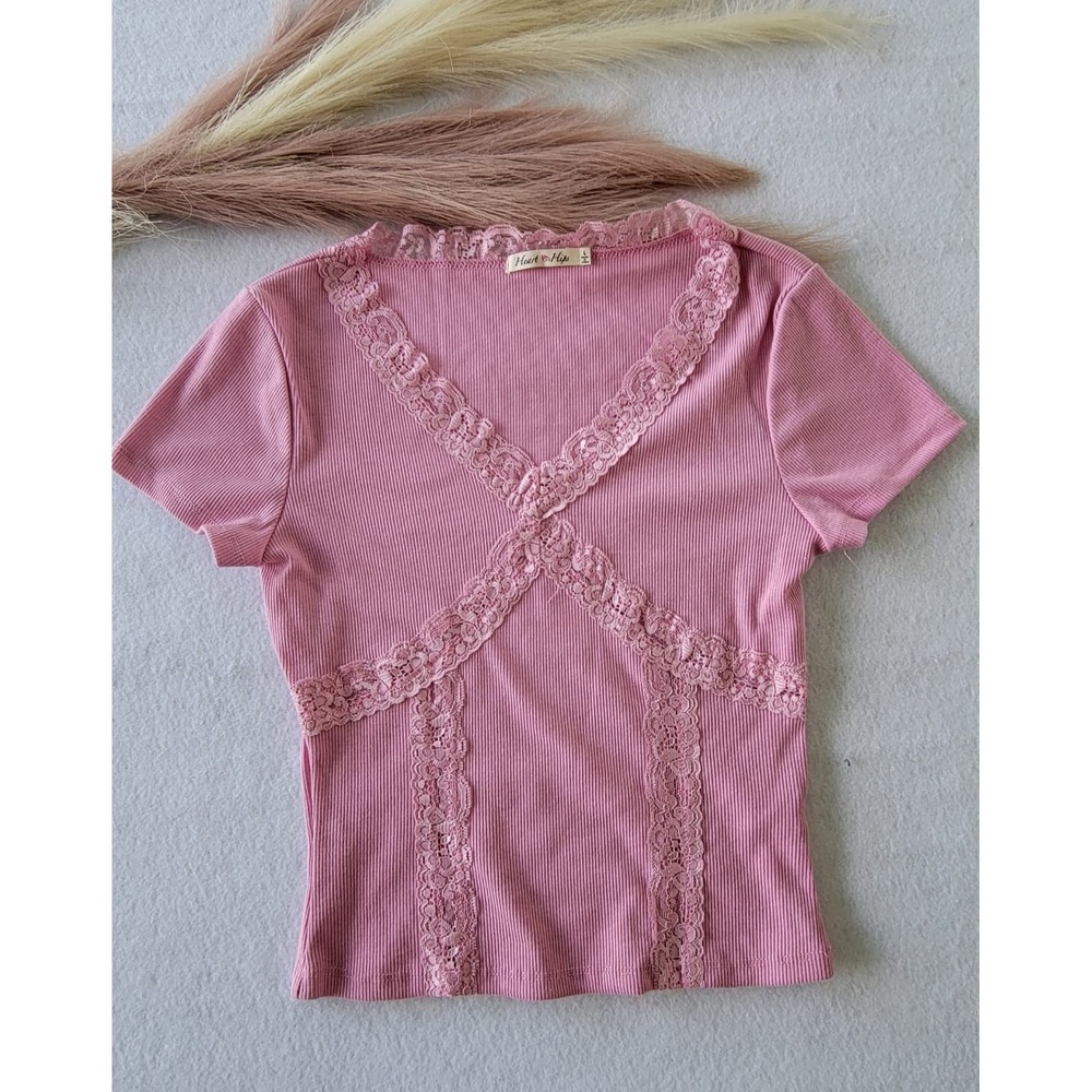 Heart Hips Juniors Shirt Size Large Pink Crop Ribbed Short‎ Sleeve New!